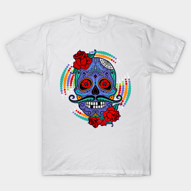 SUGAR SKULL mustache dots roses T-Shirt-TOZ